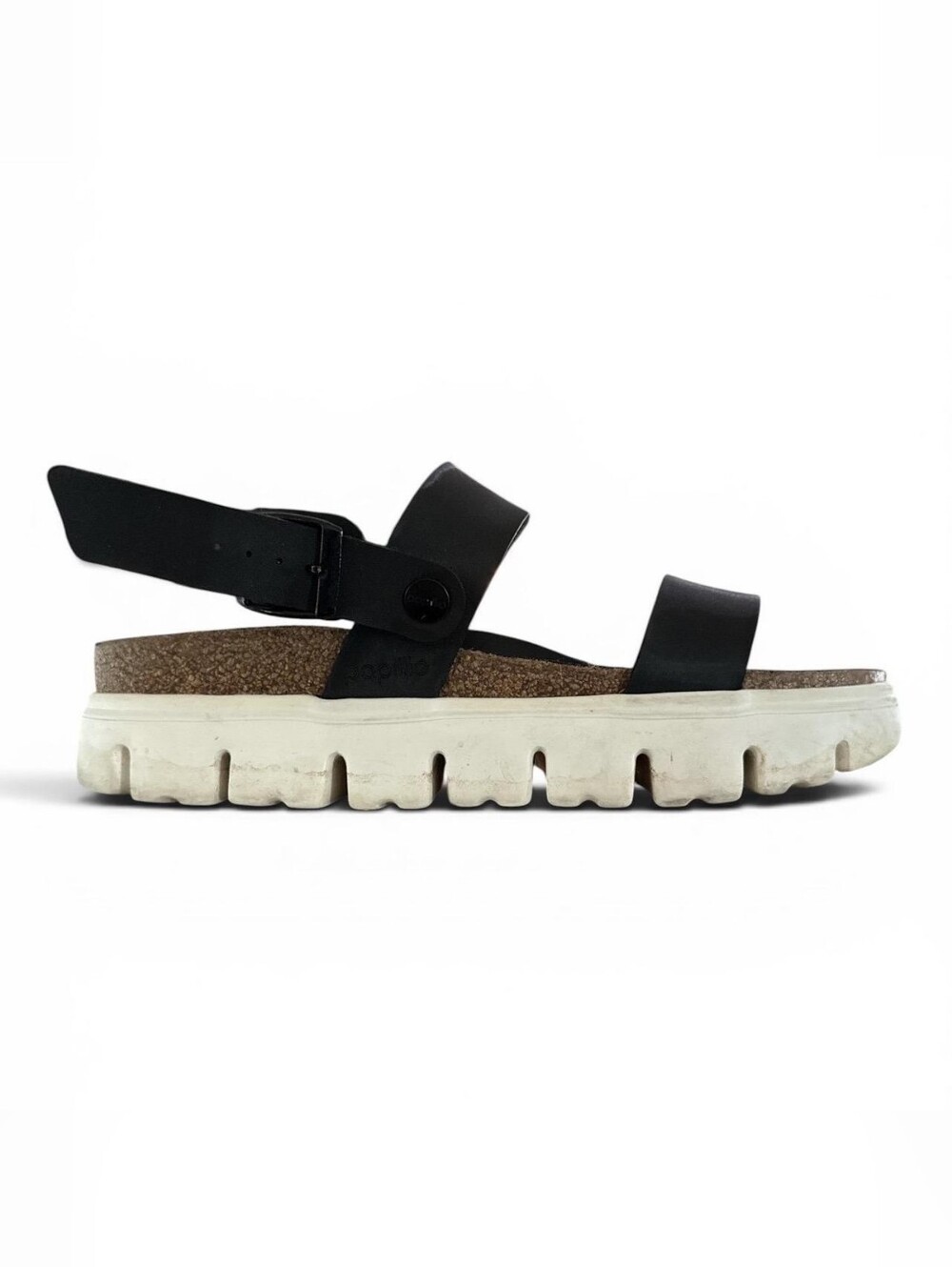 Papillio Black Leather Two-Strap Cork Sandal with White Lug Sole